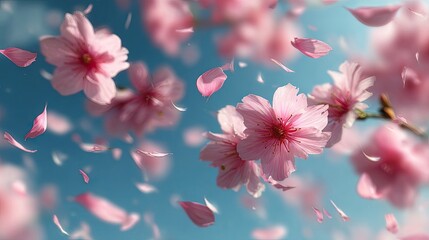 Delicate Pink Cherry Blossoms In Flight Against Light Blue Sky