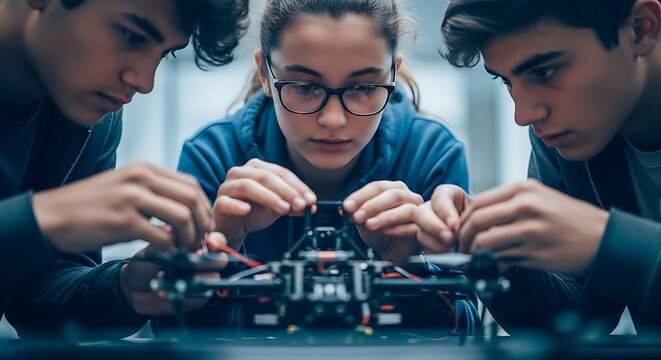 Teenagers assembling electronic device students learning
