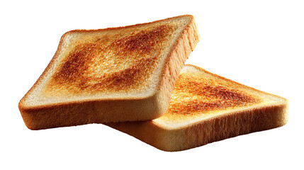 Two slices of golden brown toasted bread, perfectly crisp and warm, isolated on a transparent background, ready for breakfast or a snack