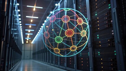 A modern data center featuring rows of servers with a holographic globe representing connectivity and data flow.