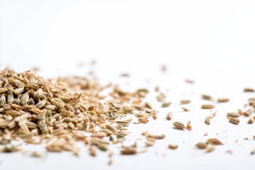 Close Up Of Scattered Dried Fennel Seeds On White Surface