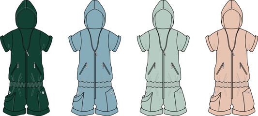 Children's fashion A collection of four hooded short-sleeved rompers in various pastel and dark green hues, showcasing different color options for infant apparel