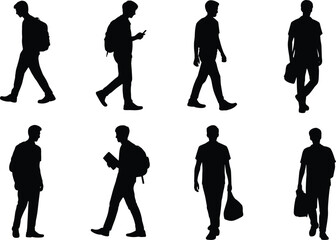 Silhouette vector illustration of young men walking, standing, and carrying bags in casual urban poses for lifestyle and fashion design
