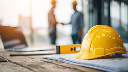 Construction Project Meeting With Safety Helmet On Wood Table