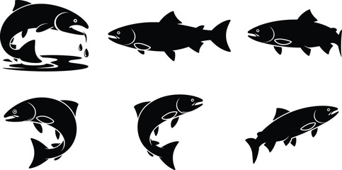 Silhouette vector illustration of multiple fish in different swimming positions, black aquatic animal icons for fishing, marine life, and seafood design
