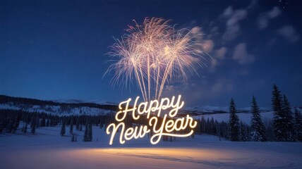 Fireworks display over snowy landscape with happy new year