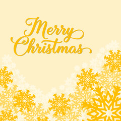 Merry Christmas yellow text vector greeting card with snowflake winter decorative border
