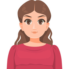 Pixel Art Portrait of a Young Woman with Brown Pigtails Wearing a Red Top Against a Transparent Background, Cartoon Style Illustration