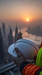 Construction Worker Holding Safety Helmet at Sunrise City View