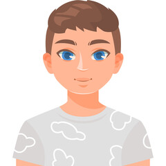 Pixel Art Portrait Of A Young Boy With Brown Hair And Blue Eyes Wearing A Grey T Shirt With Cloud Pattern Isolated On Transparent Background