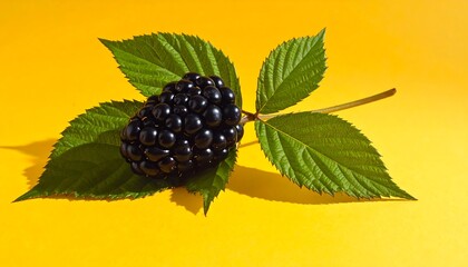 Blackberry fruit with green leaves set against a bright yellow background, studio lighting illuminates the subject