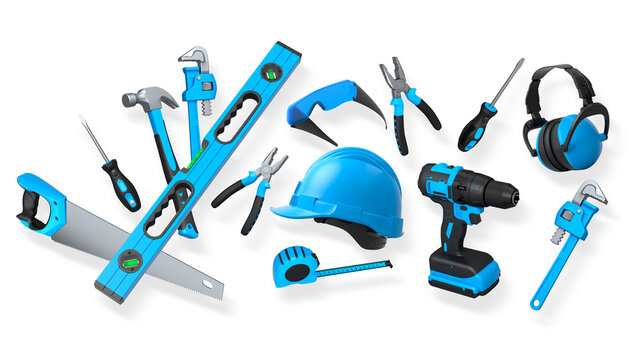 Construction tools and safety equipment shown on white background. Concept of work safety and building tools