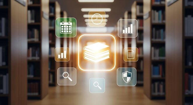 Digital library interface with informational icons