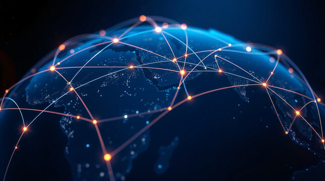 Close-up of a Digital Earth Globe Displaying a Global Network Grid with Glowing Orange Connections, Representing Worldwide Communication and Internet Technology