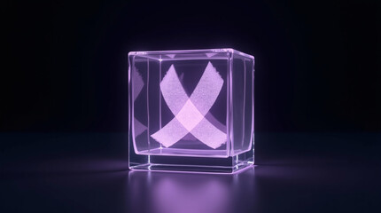 A glowing purple ribbon inside a glass cube on a dark background, symbolizing support for epilepsy awareness and other causes related to the color purple, with a modern aesthetic