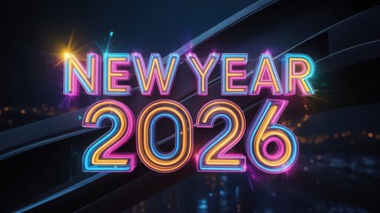 Neon new year 2026 sign with shiny effects and dark background