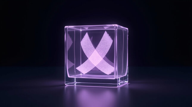 A glowing purple ribbon inside a glass cube on a dark background, symbolizing support for epilepsy awareness and other causes related to the color purple, with a modern aesthetic