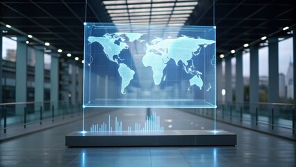 A high-tech display featuring a world map and data visuals in a modern, spacious environment illuminated by natural light.