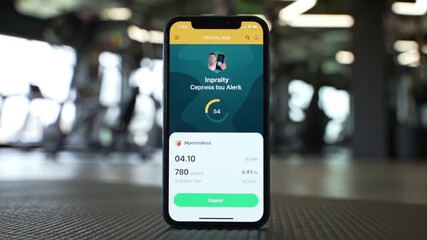 A close-up shot of a smartphone displaying a fitness tracking application with user progress and health data in a gym setting. - Powered by Adobe