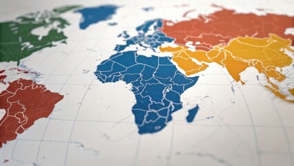 A colorful world map showcases different regions marked in various colors, illustrating geographical boundaries and global diversity.