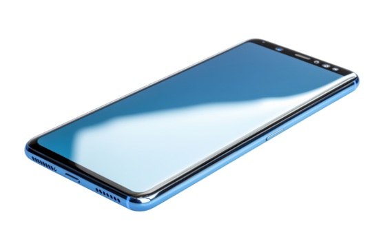 Blue smartphone with reflective screen angled
