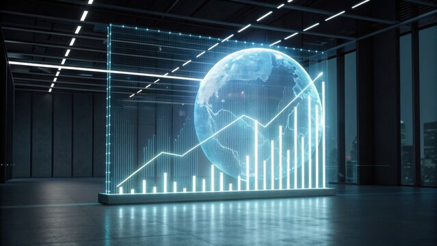 A futuristic 3D visualization of the Earth overlaid with financial graphs in a sleek, modern space.
