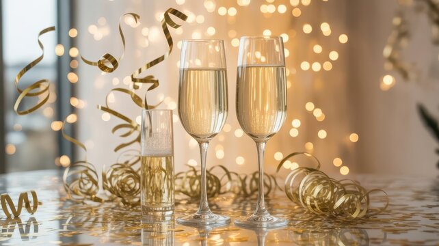 Champagne flutes with gold confetti and sparkling lights