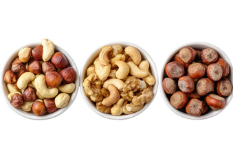 Three white bowls, varied nuts, overhead view, clean background