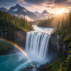 Spectacular Mountain Landscape with a Powerful Waterfall Plunging into Turquoise Water, Highlighted by a Vibrant Rainbow and Golden Sunrise Light Rays