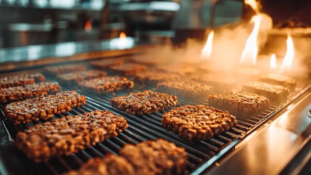 Brown food rectangles grilling on metal grates
