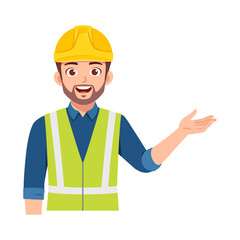 Happy Caucasian construction worker presenting with open hand smiling wearing hardhat and safety vest