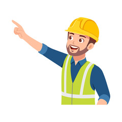 Happy construction worker in safety vest and hard hat pointing upward to the sky