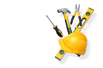 Set of hand tools including pliers, pipe wrench, hammer, helmet and screwdriver isolated on white background, concept of repair
