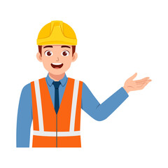 Happy Caucasian Construction Worker Presenting Something with Open Palm in Illustration Style