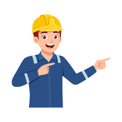 Smiling Asian Worker Pointing to the Right Wearing a Yellow Hard Hat in Blue Uniform