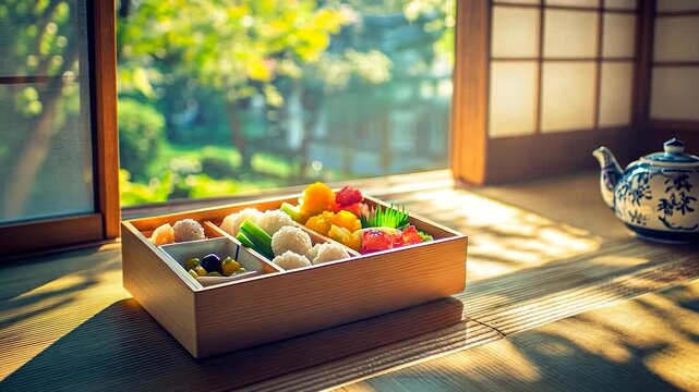 Colorful bento box by window with tea