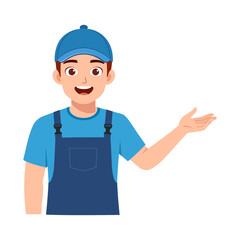 Happy Young Man Wearing Blue Overalls and Cap Presenting Product with Open Palm Hand Gesture