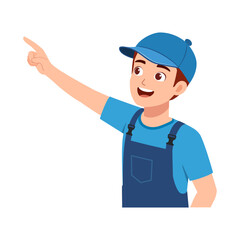 Cartoon Caucasian Man Pointing Upward Wearing Overalls and a Cap with a Smiling Expression