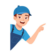 Young Caucasian Boy Pointing with Smiling Wearing Blue Overalls and a Cap Illustration