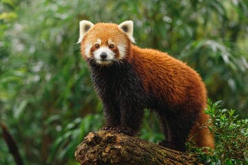 Naklejka premium A reddish-brown and black mammal stands on a log, gazing forward, with greenery behind