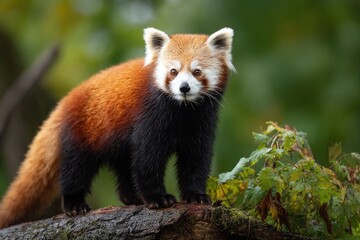 Naklejka premium A small, reddish-brown mammal with a long tail perched on a branch, surrounded by greenery