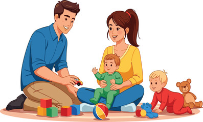 Happy young family playing with babies, bonding time, parents with toddlers, indoor playtime, parenting concept, childhood development at home