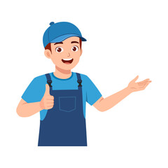 Happy Young Asian Man in Overalls Giving Thumbs Up and Presenting with Open Hand Illustration