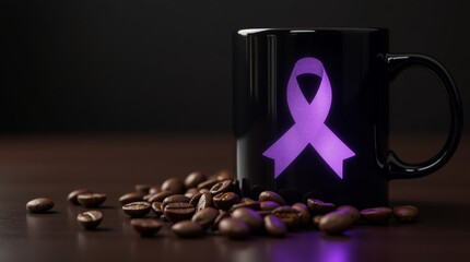 A black mug adorned with a purple ribbon rests on a wooden table, surrounded by coffee beans, symbolizing awareness and support for a cause, creating a sense of solidarity