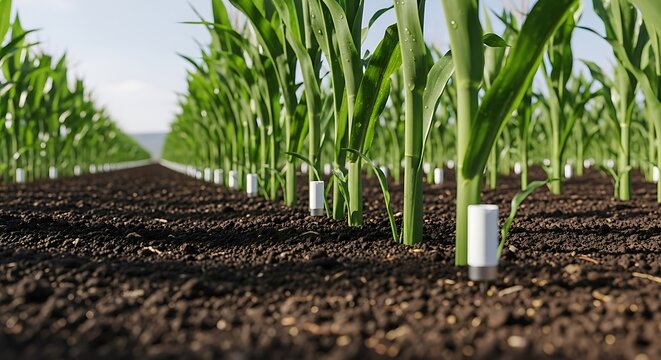 Green corn stalks with soil sensors cornfield agriculture