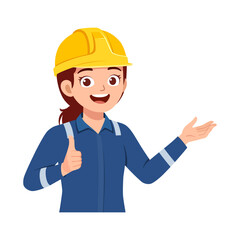 Smiling Woman Engineer in Blue Uniform with Yellow Hard Hat Giving Thumbs Up and Presenting