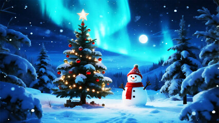 snowman in the middle of blue aurora