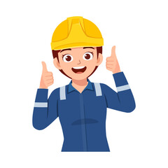 Happy young woman worker wearing hard hat and uniform showing thumbs up success concept