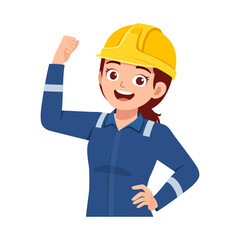 Enthusiastic Woman Engineer with Yellow Hard Hat Raising Fist in Celebration Success