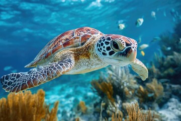 Fototapeta premium A vibrant marine turtle gracefully glides through clear blue ocean waters near coral formations